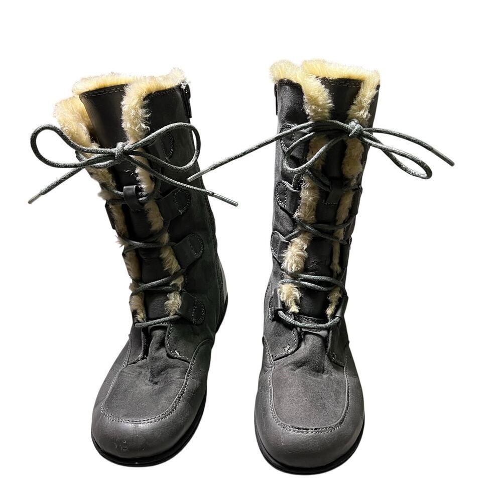 BOC Youth Size 4 Lace Leather Boots Grey Zip Lace Up Faux Fur Snow Winter